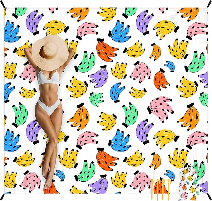 Beach Blanket, Waterproof Sandproof Beach Mat with 4 Stakes & 4 Pockets, 78''×86'' Large Compact Lightweight Sand Free Outdoor Essentials for Beach, Picnic, Travel, Camping