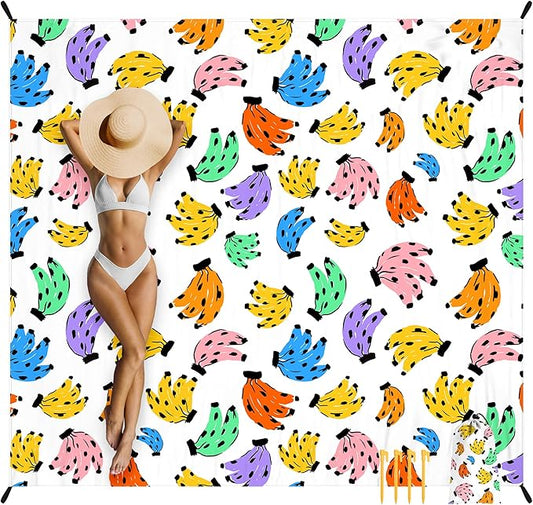 Beach Blanket Waterproof Sandproof Oversized, 110''×118'' Extra Large Beach Mat Sand Free, Lightweight Compact Foldable Picnic Blanket w/ 4 Stakes & Pockets for Camping, Travel, Beach Accessories