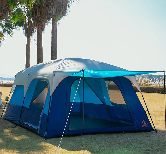 KTT Extra Large Tent 6-10-12-14 Person(B),Family Cabin Tents,2 Rooms,3 Doors and 3 Windows with Mesh,Straight Wall,Waterproof,Double Layer,Big Tent for Outdoor,Picnic,Camping,Family Gathering