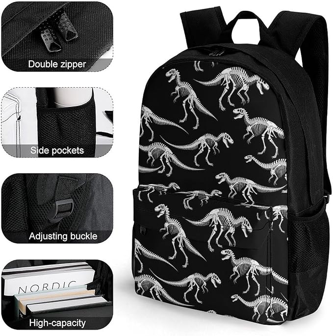 Supdreamc Men Women Lightweight Dinosaur Skull Skeleton Black Backpack Large Capacity Bookbag With Smooth Zippers for Gym Business Running