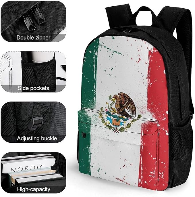 Men Women Lightweight Cool Mexican Flag Art Casual Daypack Big Capacity Bookbag With Padded Straps for Gym Travel Walking Cycling