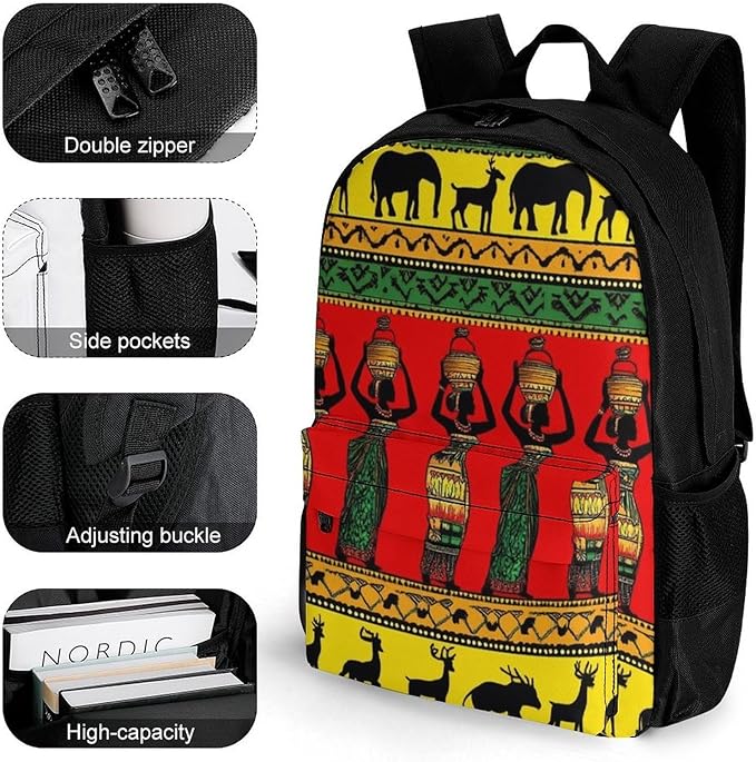 Daypack Backpack Anti-Theft Multipurpose Large Capacity Carry On Bag, Ethnic Tribal African Black Women Deer Elephants Art Traveling Camping Backpack With Side Pockets