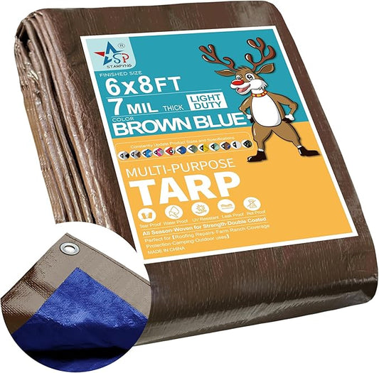 STARPYNG-7 Mil Brown/Blue 6x8 Feet Tarp-Multifunctional Waterproof Tarpaulin-Waterproof, UV Resistant, Rip and Tear Resistant, Poly Tarpaulin with Reinforced Edges for Cover