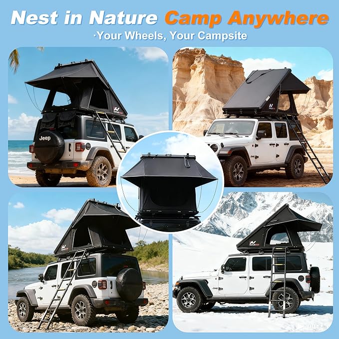Naturnest Rooftop Tent Hard Shell, Easy Set Up Pop Up Tent for 2 Person Camping, Waterproof UV-Resistant Blackout Privacy 4 Season Tents for Truck, Jeep, SUV, Van, Trailer - Polaris Plus