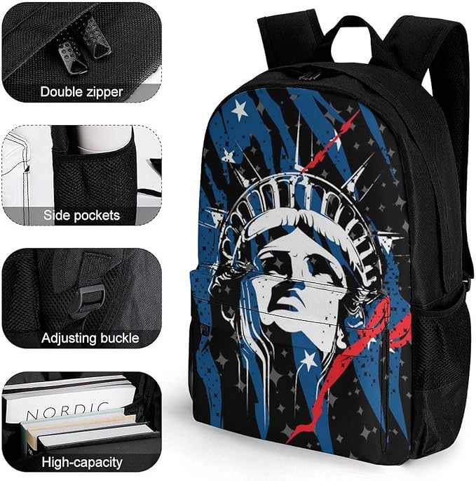 Rucksack Anti-Theft Multipurpose Large Capacity Carry On Bag, Statue Of Liberty American Flag Black Travel Hiking Bag Day Pack With Side Pockets