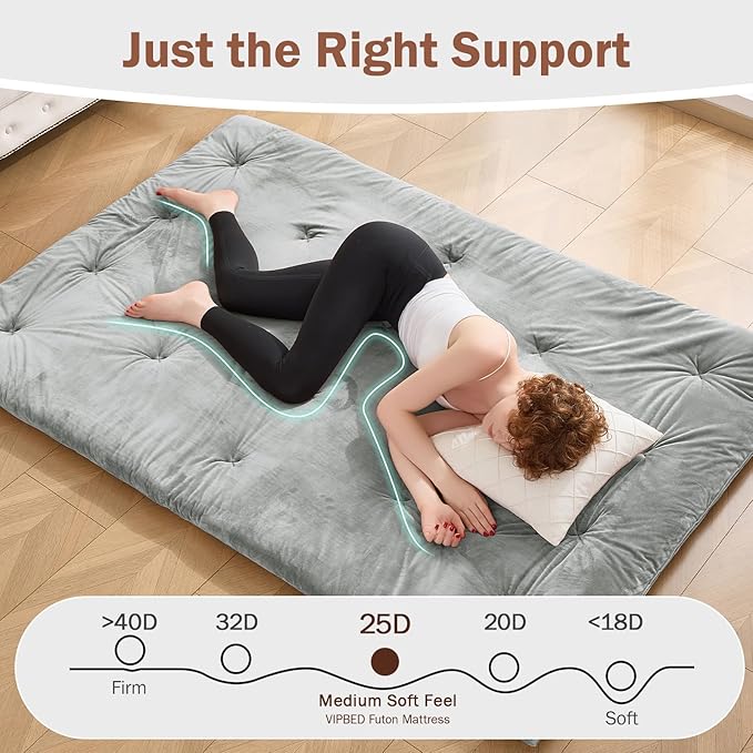 Japanese Floor Futon Mattress Full Size 54"x 80", 2.5'' Thick Foldable Roll Up Floor Bed Sleeping Pad, Foam Filled Tatami Mat with Straps for Guest Room, Dormitory & Camping, Grey