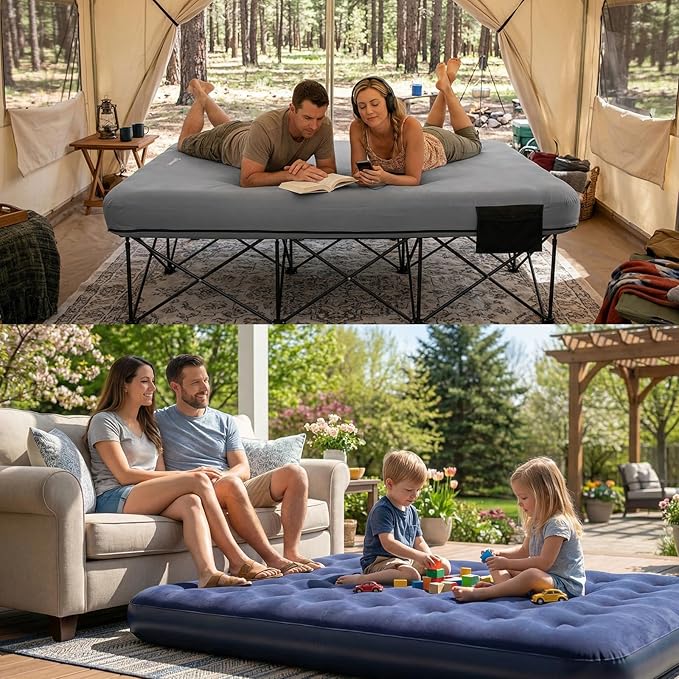 FUNDANGO Queen Camping Cot with Electric Pump, 2 Person Inflatable Air Mattress with Folding Frame, Portable Camping Bed with Cup Holders & Removable Cover for Adults, Tent Guest, Carry Bag Included