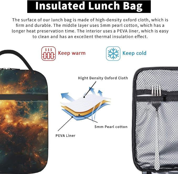 Galaxy Lunch Box for Kids Aldults, Cosmic Space Reusable Thermal Insulation Cooler Tote Bags, Golden Nebula Star Field Pattern Insulated Bag for Student, School Picnic Camping Travel, Gifts