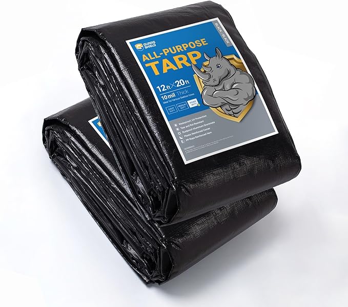 GUARD SHIELD Tarps Heavy Duty Waterproof 12x20 Feet Black Poly Tarp Cover Outdoor Thick UV Resistant Tarpaulin with Grommets 10mil (2-Pack)