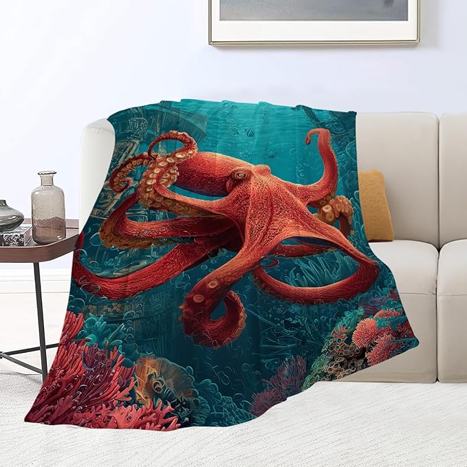 Ocean Octopus Blanket Coral Marine Life Animal Throw Blankets Gifts for Girls Boys Kids Octopus Lover Soft Cozy Fleece Plush for Couch Sofa Bed 60"x50"