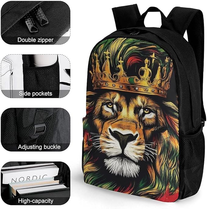 Supdreamc Shoulder Book Bags Anti-Theft Multipurpose Big Capacity Bookbag, Rasta Flag Lion Splatter Painting Travel Hiking Backpack With Smooth Zippers