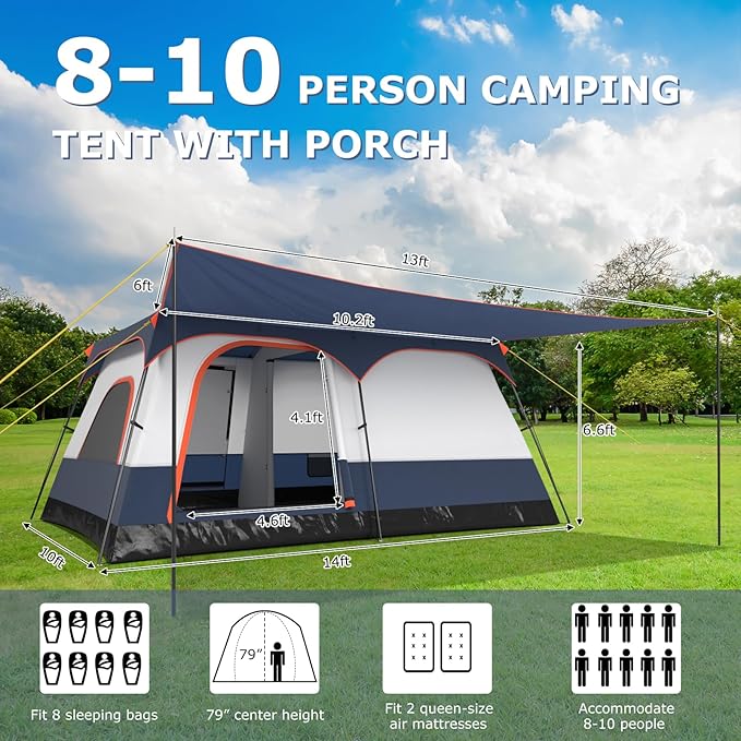 Tangkula 6/8/10-Person Camping Tent with Porch, Large Family Cabin Tent with 2 Rooms, 2 Doors, 2 Mesh Windows, Removable Rainfly, Carrying Bag, Double Layer Tents for Camping, Picnic, Outdoor