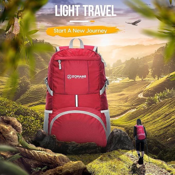 ZOMAKE Lightweight Packable Backpack 35L, Light Foldable Backpacks Water Resistant Collapsible Hiking Bag, Compact Folding Day Pack for Travel Camping(Red)