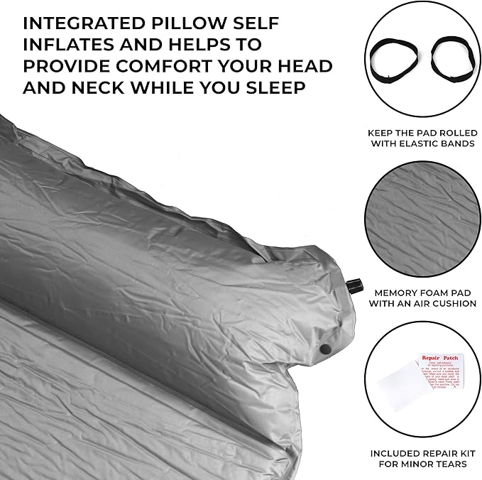 OSAGE RIVER Self Inflating Sleeping Pad with Built-in Pillow, Compact Memory Foam Sleep Mat, Camping Air Mattress for Tent, Travel, Backpacking, or Hiking, Grey