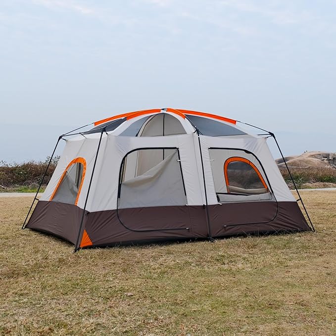 KTT Large Tent 6-8-10-12 Person,Family Cabin Tents,2 Rooms,2 Doors and 4 Windows with Mesh,Straight Wall,Waterproof,Double Layer,Big Tents for Outdoor,Picnic,Camping,Family Gathering