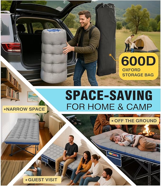 Slendor XXL Camping Cot, Oversized Camping Bed, 79" L x 32" W x 19" H Sleeping Cot with Mattress, Carry Bag, Camp Cot Bed for Travel, Guest, Support 900lbs, Blue Cot+ Grey Pad