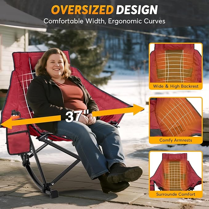 Suteck Heated Rocking Camping Chair - Fully Thicker Padded Heated Chairs for Outdoor Sports W/3 Heat Levels for Back & Seat, Heated Folding Chair for Adults with Carry Bag- Battery NOT Included