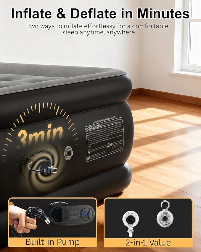 Queen Air Mattress with Built in Pump, Inflatable Mattress for Home, Blow up Air Bed 3 Min Quick Inflation and Deflation, Thin Velvet Top, 18'' Queen Size Gray