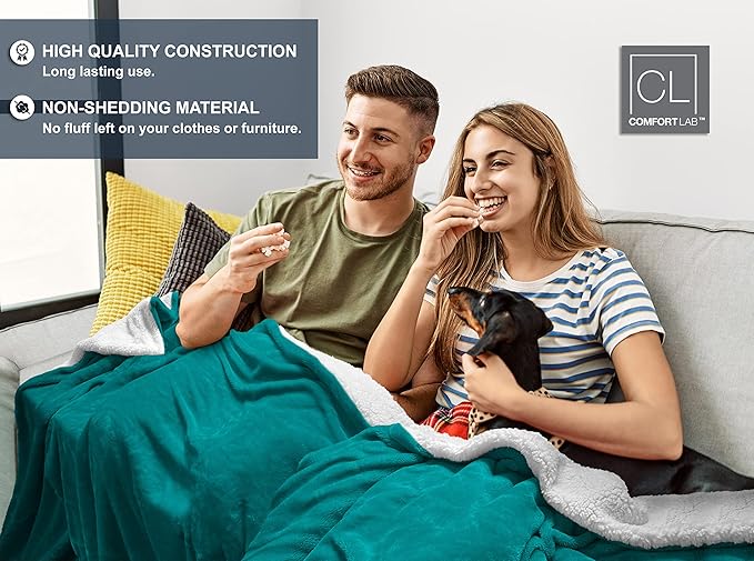 Comfort Lab Reversible Flannel Sherpa Throw Blanket - Elegant Fluffy Throw Blankets for Couch and Home Decor - Anti Pilling Non Shedding Cozy & Warm Fleece Throws - Oversize Throw (60" x 70") - Teal