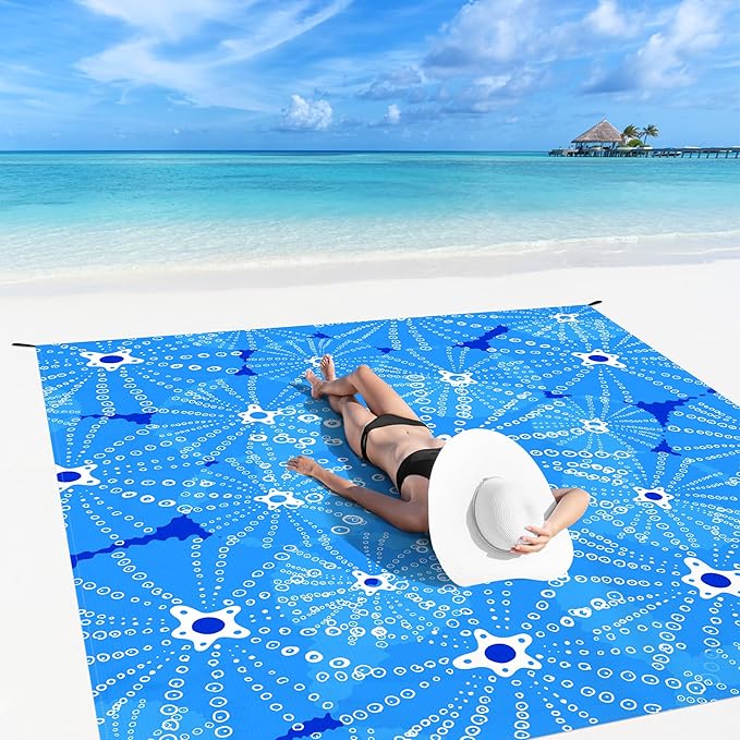 Beach Blanket, 78''×86'' Large Waterproof Sandproof Beach Mat for 2-4 Adults, Lightweight Compact Sand Free Outdoor Picnic Blanket with 4 Stakes & 4 Corner Pockets