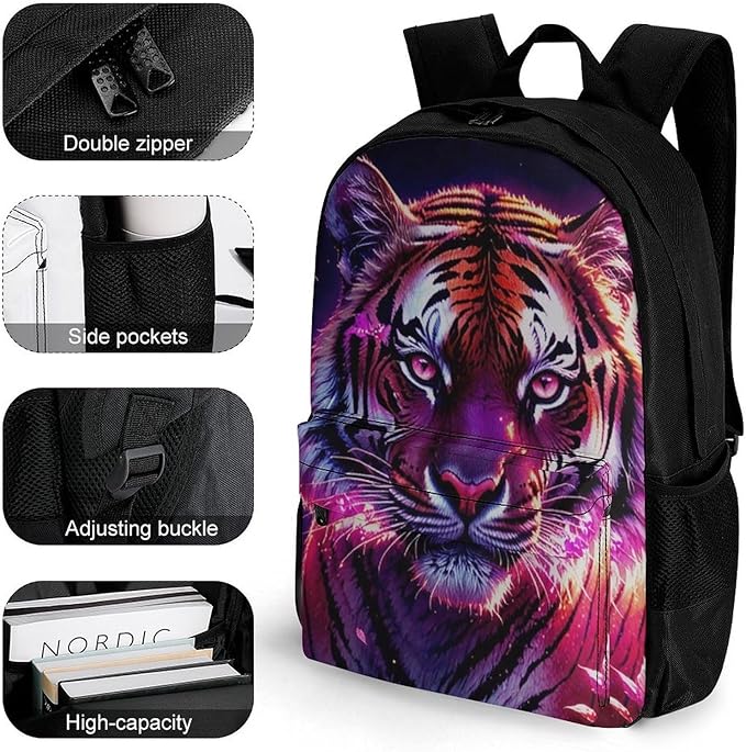 Adults Lightweight Beautiful Flower Wild Animal Tiger Abstract Art Rucksacks Large Capacity Bookbag With Adjustable Shoulder Straps for Trekking Outdoors Bicycle