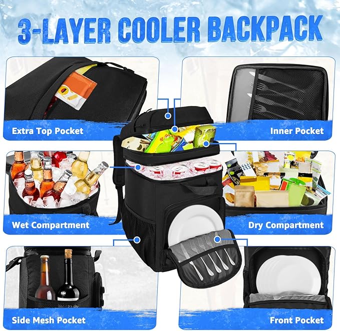 Cooler Backpack Insulated Camping Bag - AUTOWT 45 Can Soft Cooler Bag Large Capacity Leakproof with Widend Top Handle, Portable Beer Bags for Men Women Hiking Picnics Beach Travel