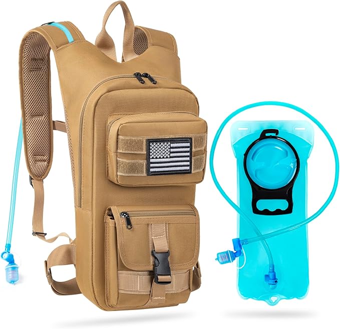Hydration Backpack, Tactical Molle Water with 2L TPU Water Bladder, for Men Women Lightweight Water Backpack, Hydration Pack for Hiking, Biking, Climbing and Hunting, Khaki