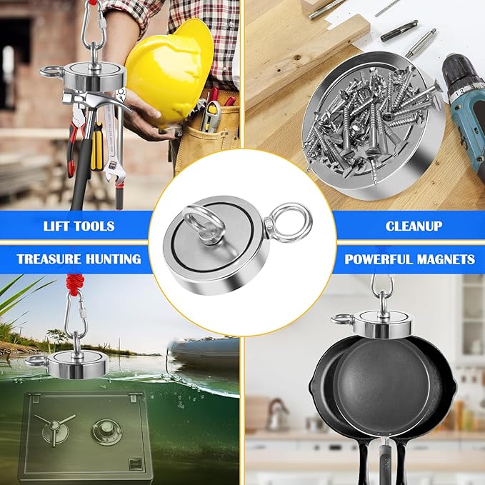 VNDUEEY 1725 Lbs Complete Magnet Fishing Kit, Fishing Magnet Kit with Carry Case, Heavy Duty 65FT Rope, Grappling Hook, Gloves & Locking Carabiner - Strong Magnets for Treasure Hunting