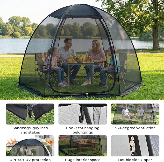 Alvantor® Pop Up Screen House Tent, Snap-fit Mesh Screen Gazebo with Peaked Roof, Portable Screen Room Canopy Shelter with Sandbags for Camping, Backyard, Picnic