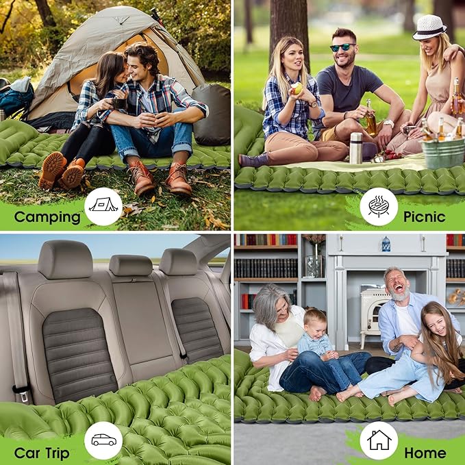 Inflatable Camping Sleeping Pad with Built-in Foot Pump & Pillow - Portable Lightweight Air Mattress for Backpacking, Hiking, Tent - Compact Travel Sleep Mat (Green)