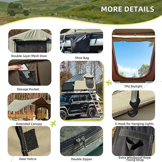 YOLENY Inflatable Camping Tent with Air Cushion, Extended Canopy, 2 TPU Skylight & Telescopic Ladder, Roof-Top Compatible Blow Up Tent, Waterproof Full Dull Poly Textured Oxford for 4 Season Use