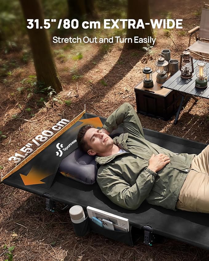 Sportneer Camping Cot: 31.5’’ Extra Wide Compact Sleeping Cots with Side Pocket - Lightweight Folding Cot for Camping Traveling Tent Day, Carry Bag Included, Easy Setup - Size 74.8''x31.5''