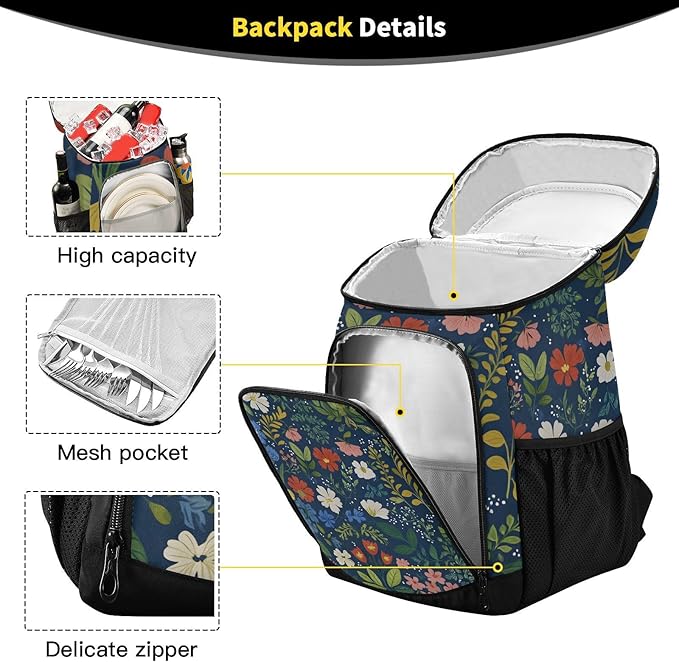 Wildflowers Dark Blue Cooler Backpack Cooler Insulated Leak Proof Lunch Backpack 36 Cans Waterproof Soft for Men Women Picnic Hiking Camping Beach