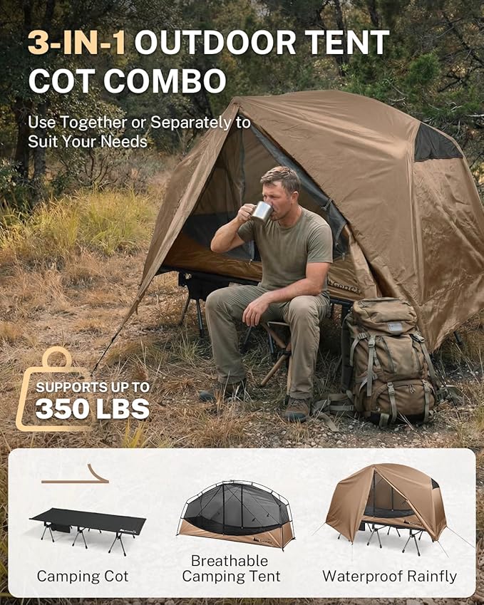 Gonex Camping Tent Cot for Adults, 1-Person Off-Ground Folding Portable Easy Set-up Tent Cot Combo Supports 350lbs for Hiking, Backpacking, Car & Motorcycle Camping(31.5" W X 78.7" L)-Khaki