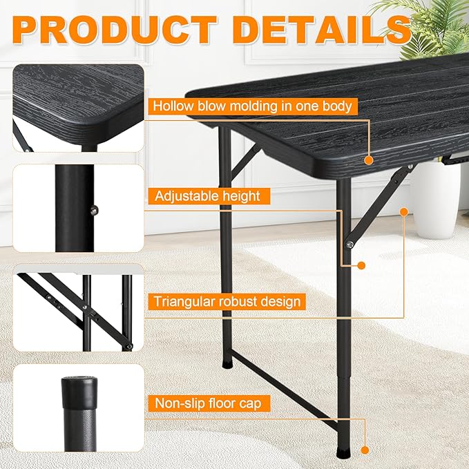 4ft Folding Table, Portable Fold-in-Half Adjustable Height Utility Table for Indoor/Outdoor Use, Durable HDPE & Steel, Stable & Lightweight, Multi-Purpose, Black Woodgrain