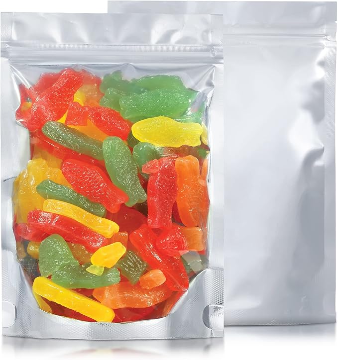 Stand Up Mylar Bags 5.5” x 8” +1.6" Heat Seal For Candy & Food Packaging, Medications And Vitamins - 100 Sealable Mylar Ziplock Bags with Gusset Bottom - For Liquid And Solids (5.5” x 8” + 1.57”)