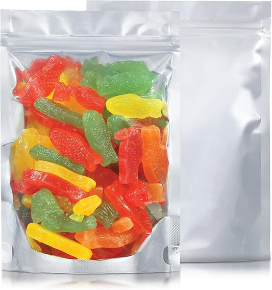 Stand Up Mylar Bags 5.5” x 8” +1.6" Heat Seal For Candy & Food Packaging, Medications And Vitamins - 100 Sealable Mylar Ziplock Bags with Gusset Bottom - For Liquid And Solids (5.5” x 8” + 1.57”)