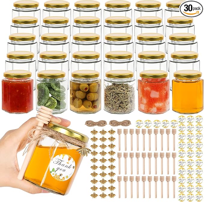 AuroTrends 6oz Glass Small Jars with Lids 30Pack, Honey Jars in Bulk for Baby Shower Favors/Wedding Favors -Small Canning Jars with Wooden Dippers/Bee Charms/Stickers/Jute Twine (6fl.oz-30Pack)