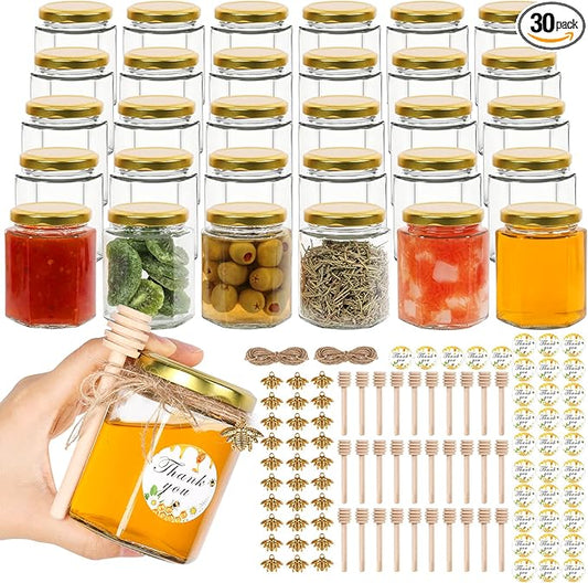 AuroTrends 6oz Glass Small Jars with Lids 30Pack, Honey Jars in Bulk for Baby Shower Favors/Wedding Favors -Small Canning Jars with Wooden Dippers/Bee Charms/Stickers/Jute Twine (6fl.oz-30Pack)
