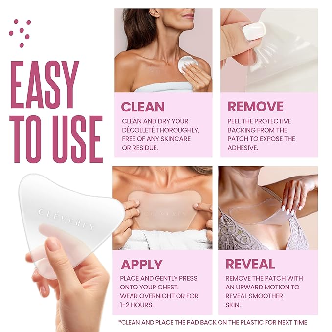 CLEVERFY Silicone Chest Wrinkle Patches for Side Sleeping – Reusable Décolleté Anti-Wrinkle Chest Pads for Overnight Line Prevention (2 Pack, V-Shape)
