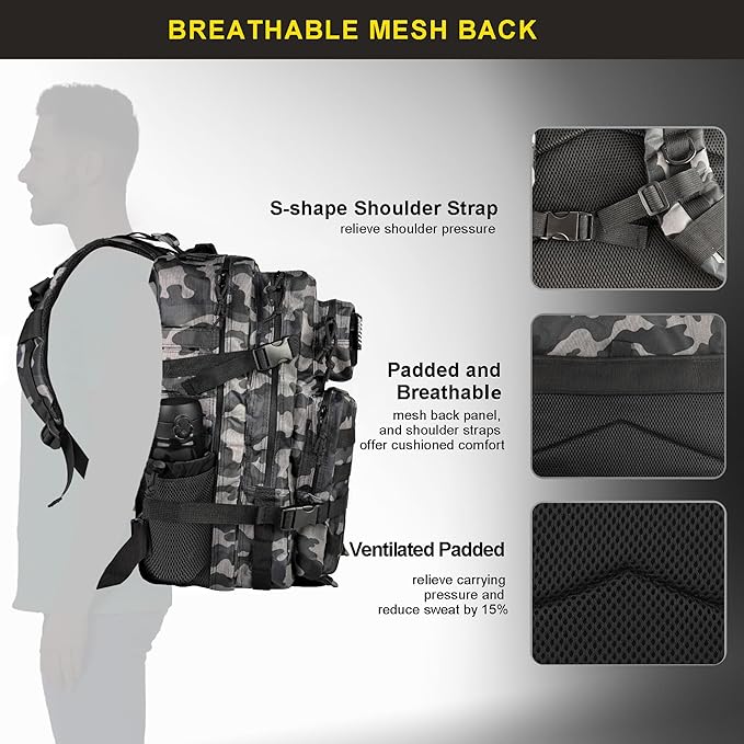 Zavothy 45L Military Tactical Backpack, Army 3-Day Assault Pack Bug Out Bag for Hiking Camping | Army, Bag, Large Rucksack, with Molle System