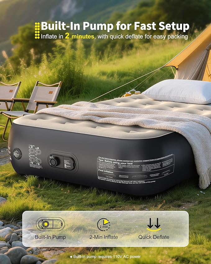 OhGeni Twin Camping Air Mattress Bed with Built in Pump, Family Choice Award Winner, 13" Raised Inflatable Blow up Mattress, Portable Foldable Bed with Upgraded Surface for Home & Outdoor, 300lbs