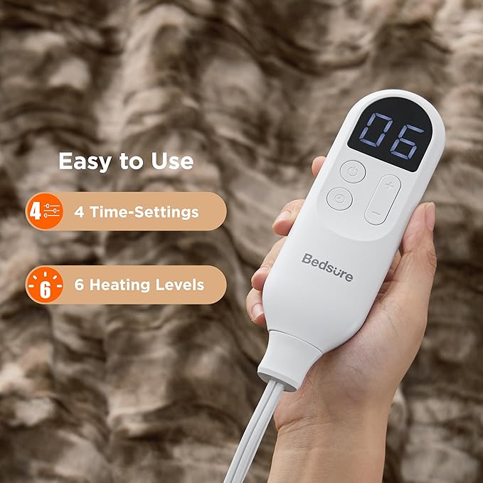 Bedsure Faux Fur Heated Blanket Throw Blanket, Fast Heating Electric Blanket with 6 Heating Levels & 4 Time Settings, Cozy Gifts for Women Men (50x60 inches, Dark Chocolate)