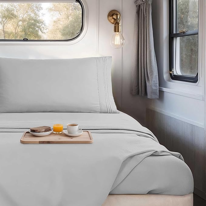 Hearth & Harbor Short Queen Sheets for RV, Light Grey RV Queen Sheets, Silky Soft 1800 Microfiber Bed Sheet for Camper, 4 Piece RV Bedding with Pillowcases