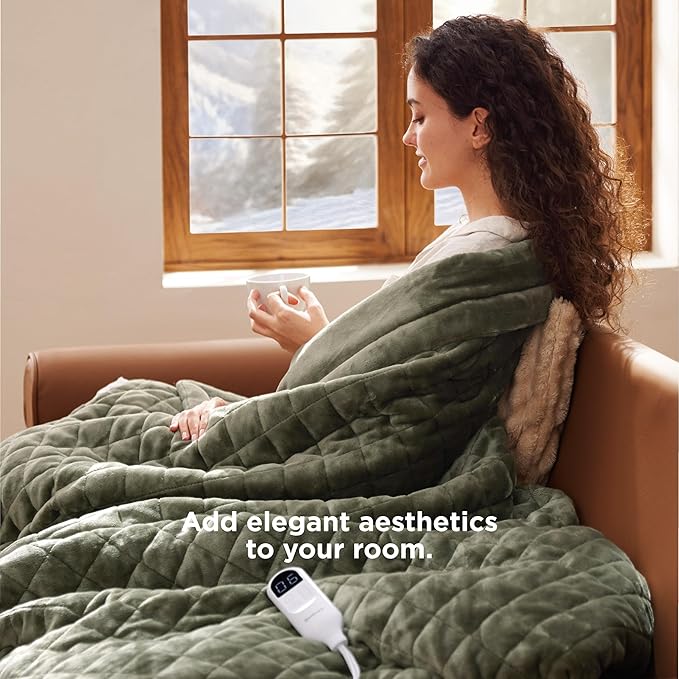 Bedsure Heated Blanket Throw Blanket - Quilted Electric Blanket, Soft Flannel Thick Heating Blanket with 4 Time Settings & 6 Heating Settings, Warm Gifts for Women Men (50x60 inches, Olive Green)