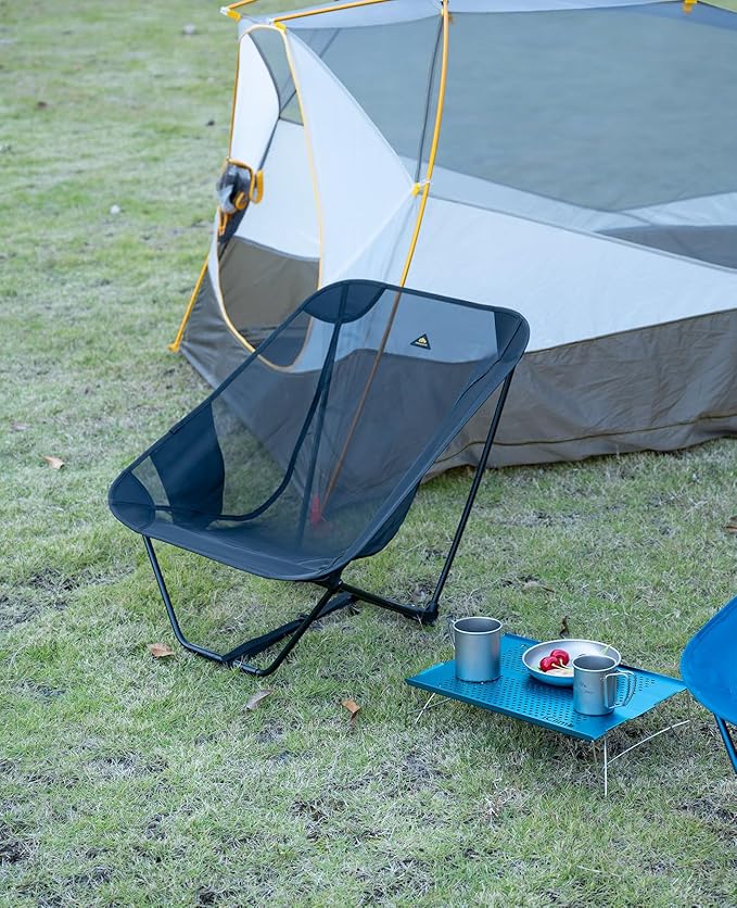 iClimb Low Ultralight Compact Camping Folding Chair with Side Pocket and Carry Bag (Black Mesh)