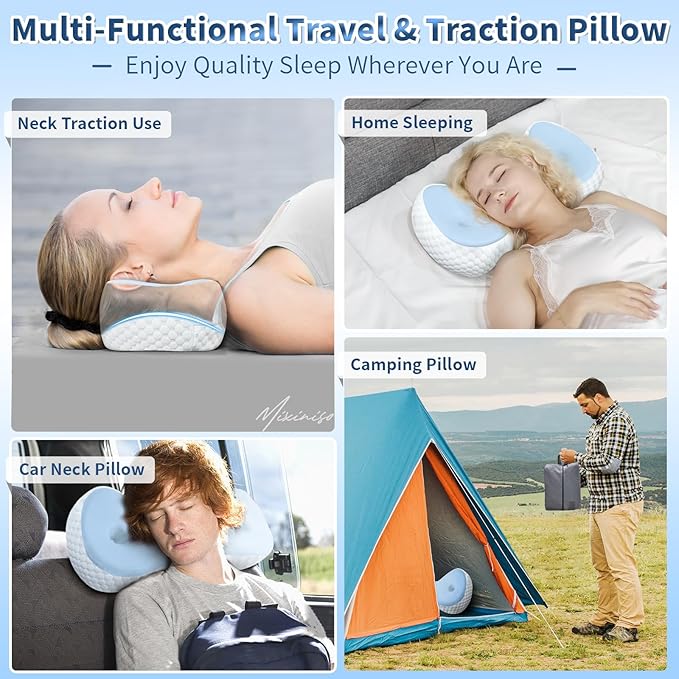 Neck Support Pillow, Small Neck Roll Pillow Memory Foam, Cervical Traction Device, Ergonomic Support for Stiff Neck, Camping & Travel Pillow with Removable Cooling Pillowcase and Portable Bag