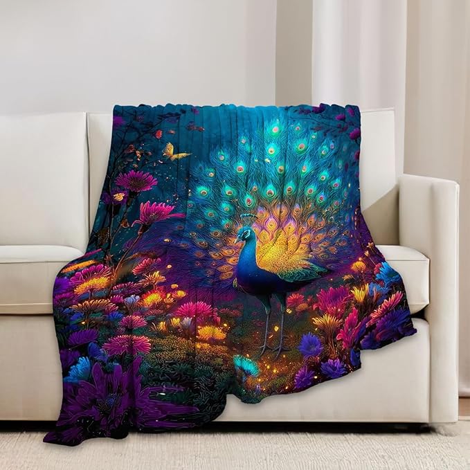 Fantasy Peacock Blanket Animal Throw Blankets Gifts for Girls Boys Kids Peacock Lover Soft Cozy Fleece Plush for Couch Sofa Bed 80"x60"