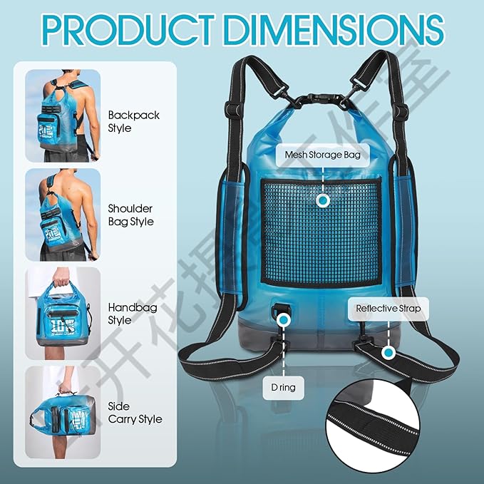 Dry Bag Waterproof,5L/10L/20L/30L Roll Top Dry Bag Backpack with WaterProof Phone Case for Swim,Kayak(Transparent Blue 10L)