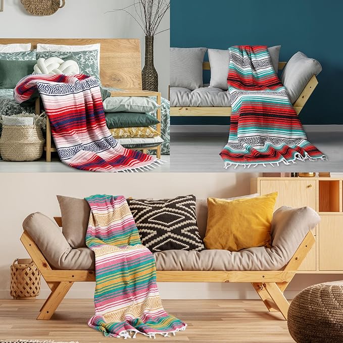Peryiter 9 Pcs Mexican Blanket Bulk Large Yoga Blanket Striped Falsa with Fringed for Outdoor Beach Picnic Couch, 45 x 70 inch (Retro Colors)